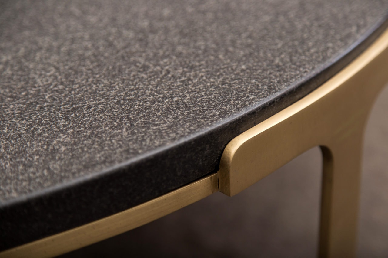 custom metal furniture - luxury spotted black stone and brass contemporary designed round custom coffee table detail detail