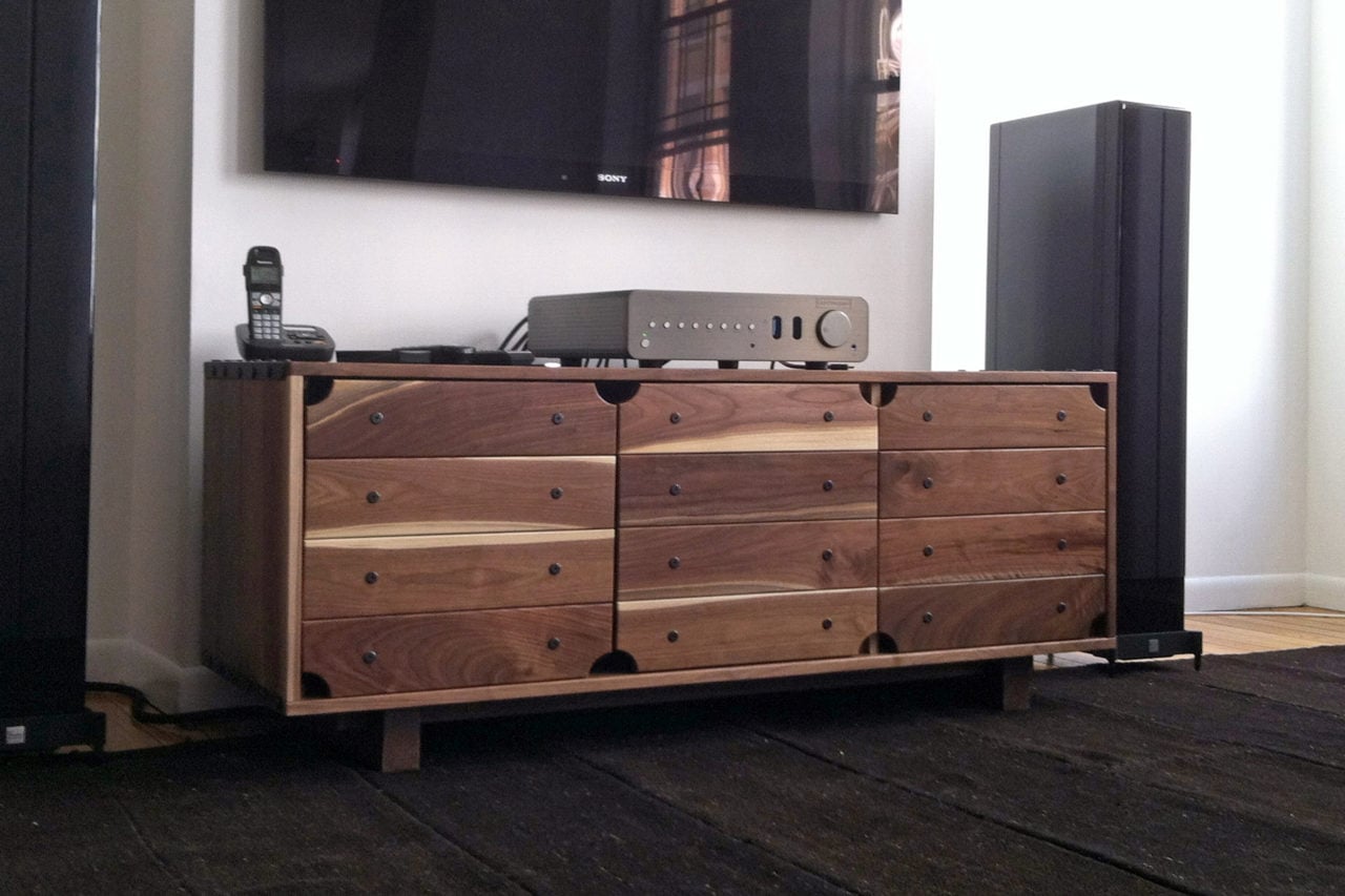 custom wood furniture - red river credenza in walnut with stereo and phone equipment on top