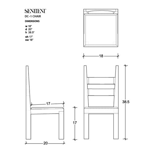 a black and white line rendering with measurements of a SENTIENT contemporary designed custom dc-1 dining chair