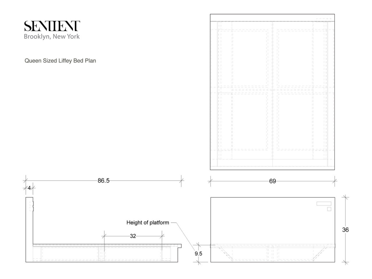 a black and white line rendering with measurements of a SENTIENT contemporary designed custom liffey bed