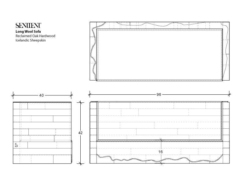 Long wool sofa by SENTIENT with Icelandic sheepskin, blueprint