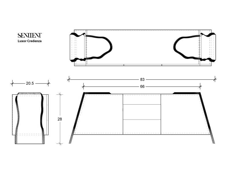 A black and white linear rendering of a SENTIENT contemporary designed custom Luxor credenza with measurements 