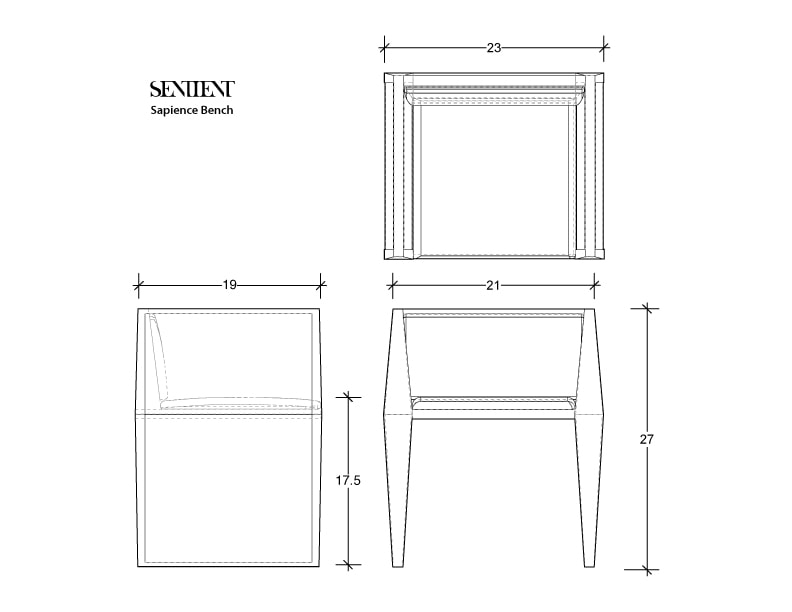 a black and white line rendering with measurements of a SENTIENT contemporary designed custom sapience chair