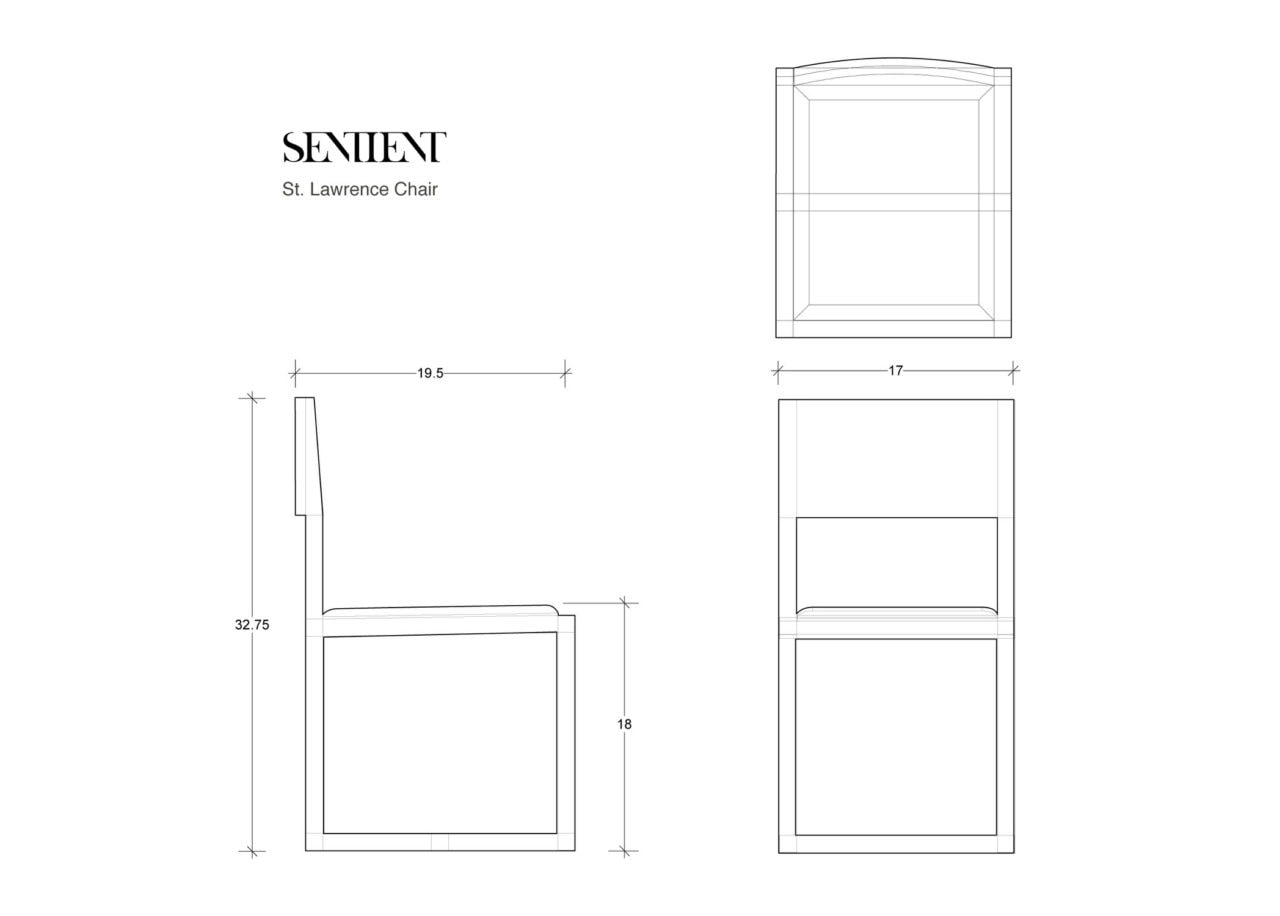 a black and white line rendering with measurements of a SENTIENT contemporary designed custom Saint Lawrence dining chair