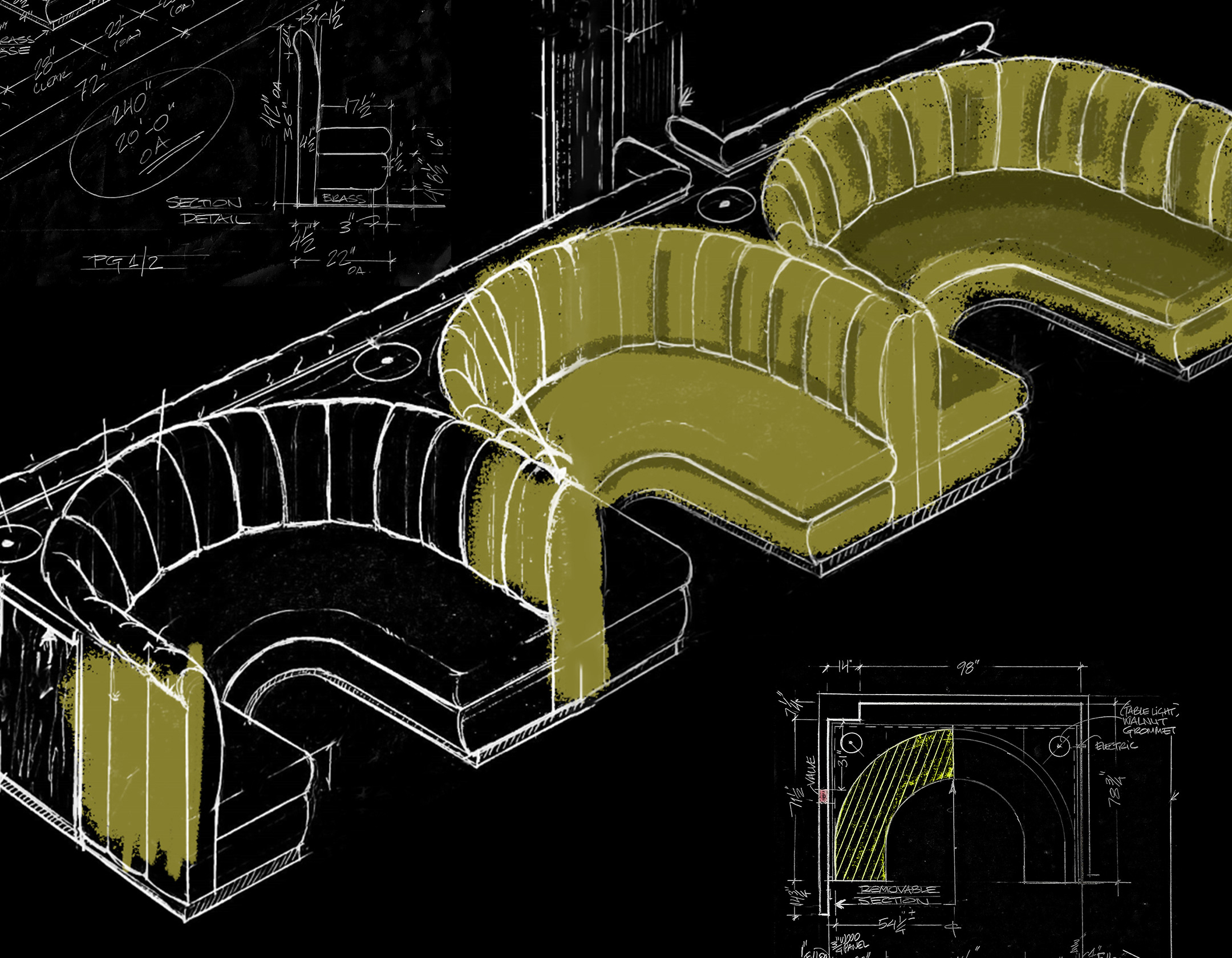 Banquette seating arrangement blueprint by SENTIENT