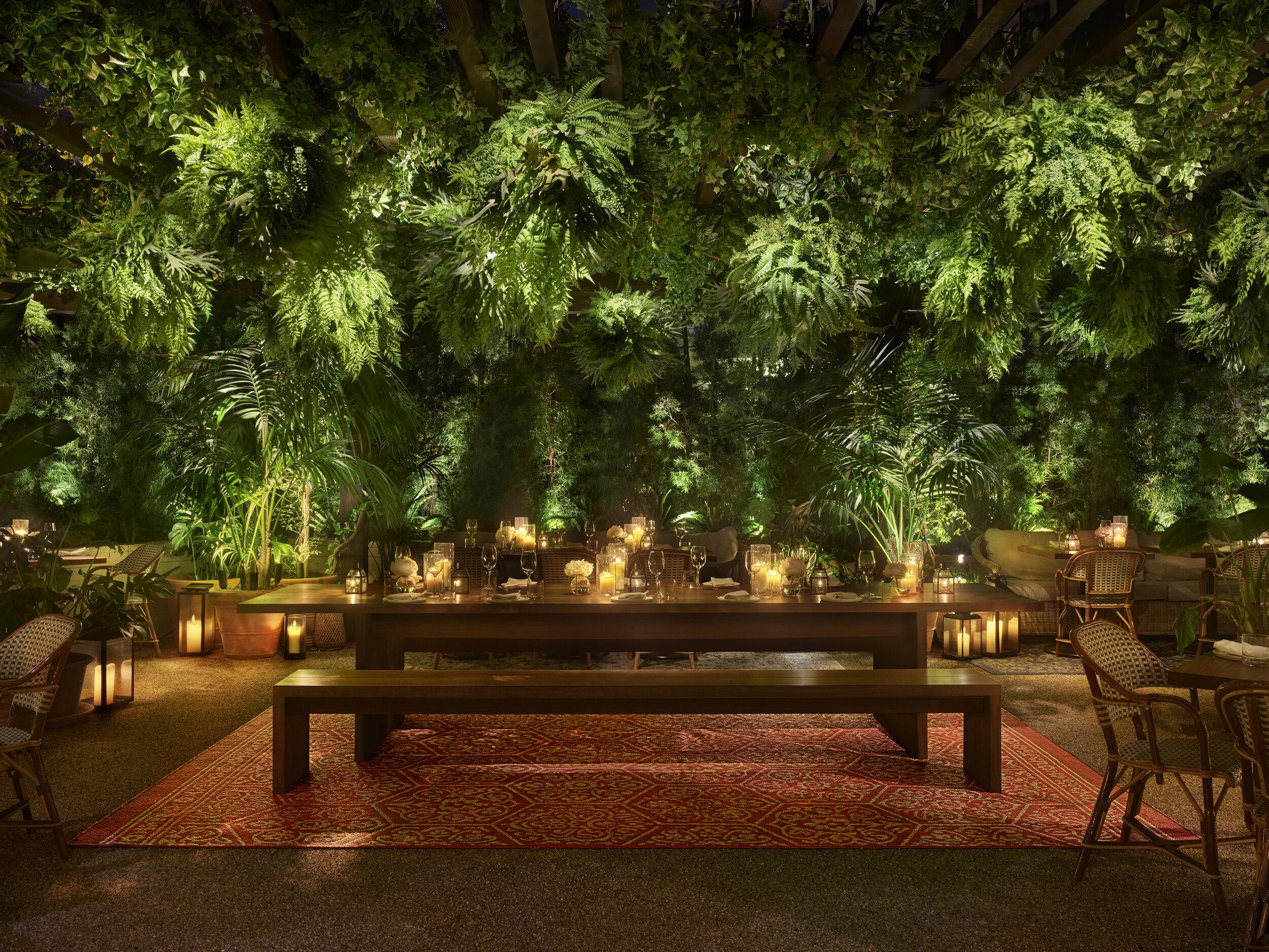 Communal bench and table for restaurant dining