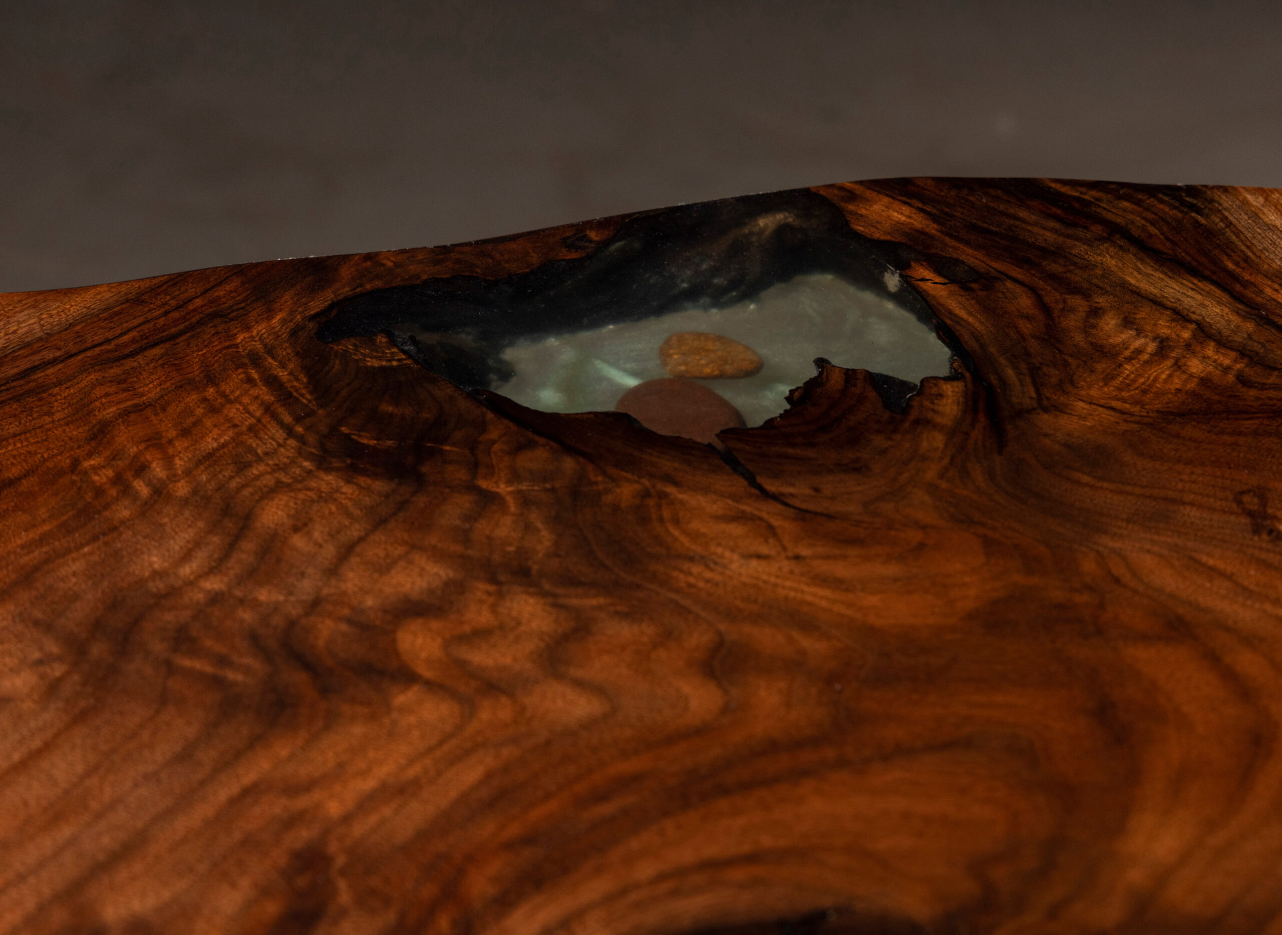 Epoxy resin river table intricate detail