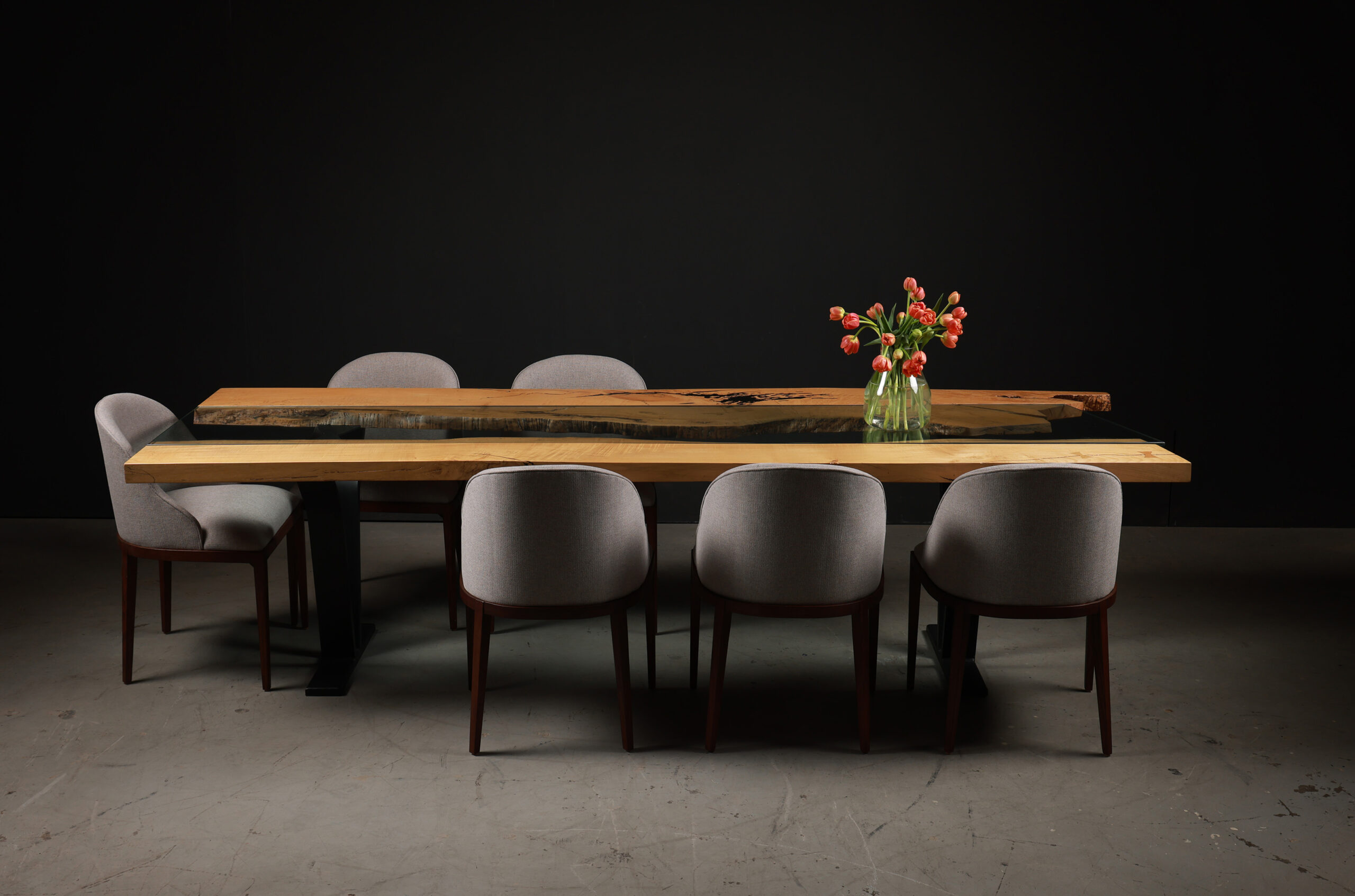 Colorado River dining table with custom plexiglass base with chairs 