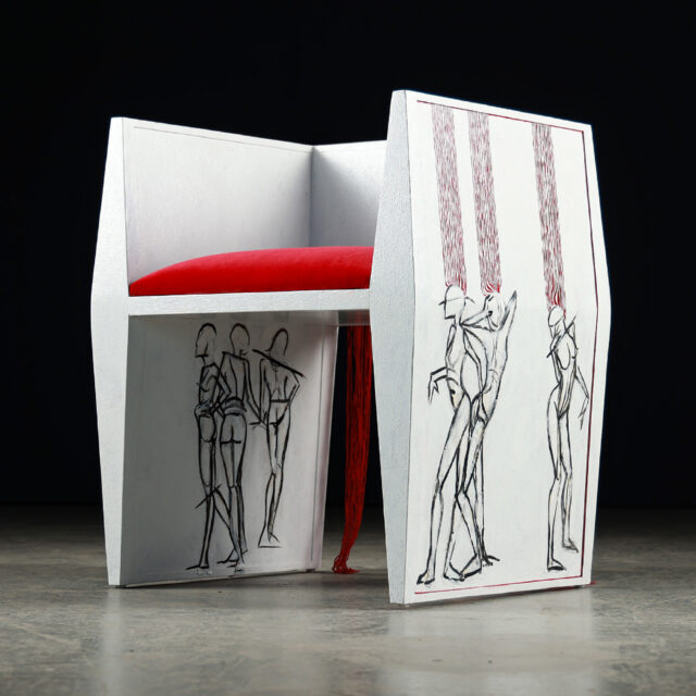 An artistic chair created by SENTIENT Furniture in collaboration with Gordieh Nasseri, featuring dynamic black-and-white figurative sketches, red yarn accents, and a striking red cushion.