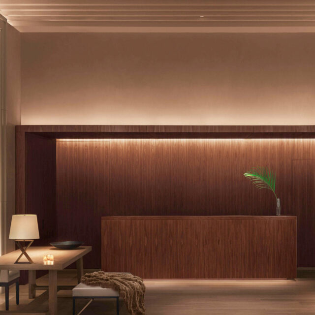 A modern reception area featuring SENTIENT custom millwork in rich walnut, with integrated lighting and minimalist decor. The clean lines and natural wood grain create a warm and professional ambiance.