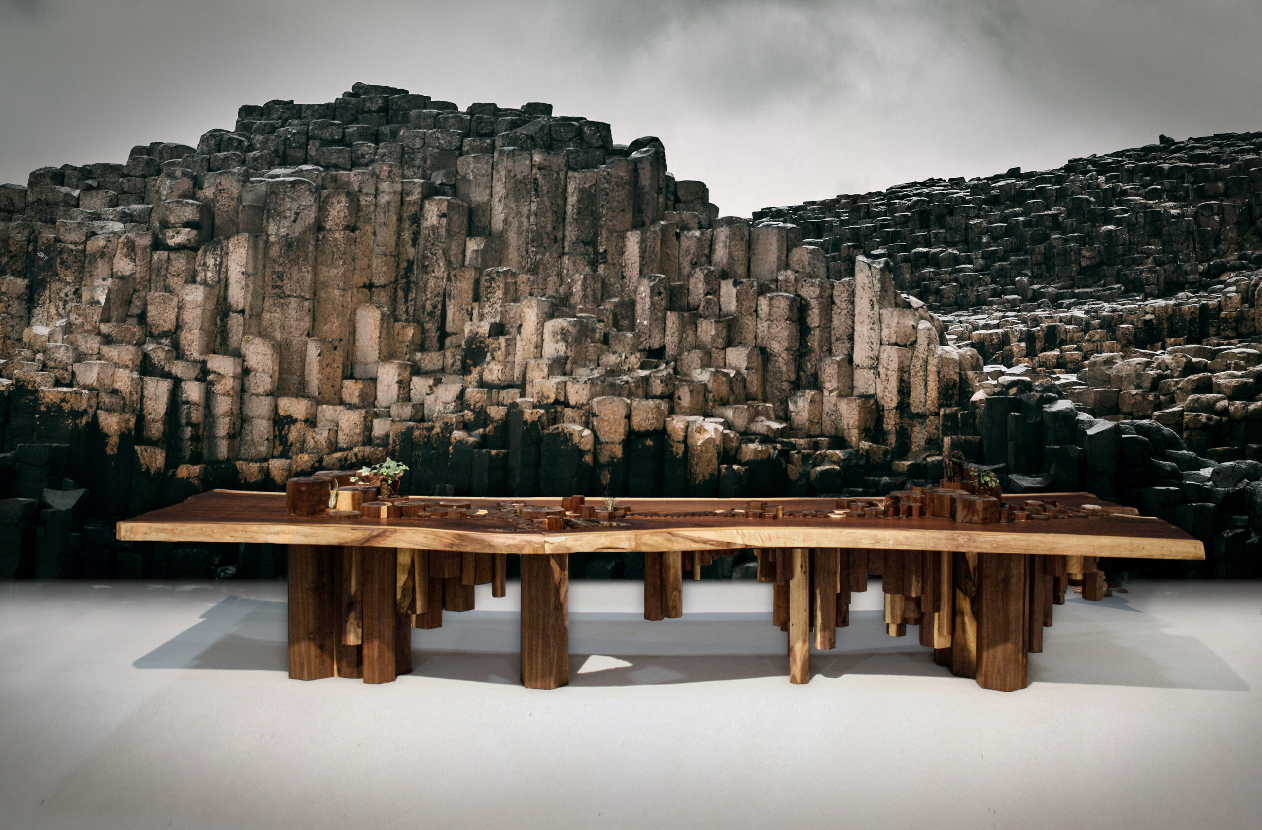 SENTIENT Causeway Table Side View Side view of the SENTIENT Causeway Table, illustrating the live-edge design and artistic<br />
wooden base structure.