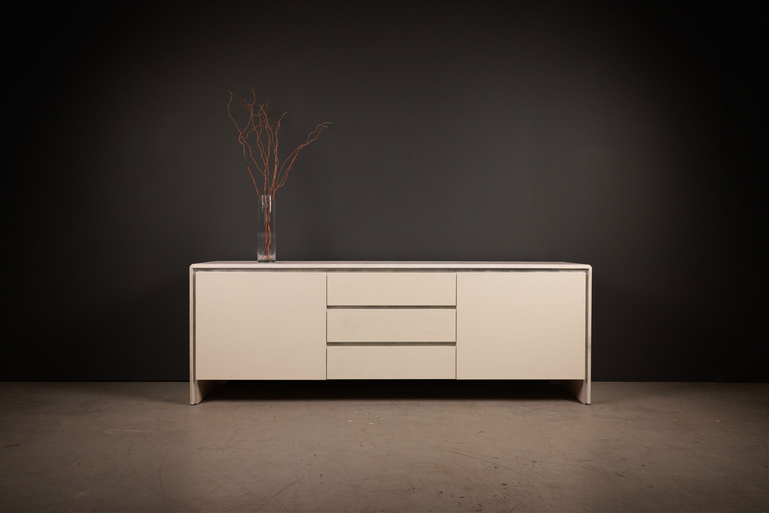 Prelude Credenza With Leather Front And Bleached Oak Body (Front View) Prelude Credenza With Leather Front And Bleached Oak Body (Front View). High-quality image showcasing the design and details by SENTIENT Furniture.