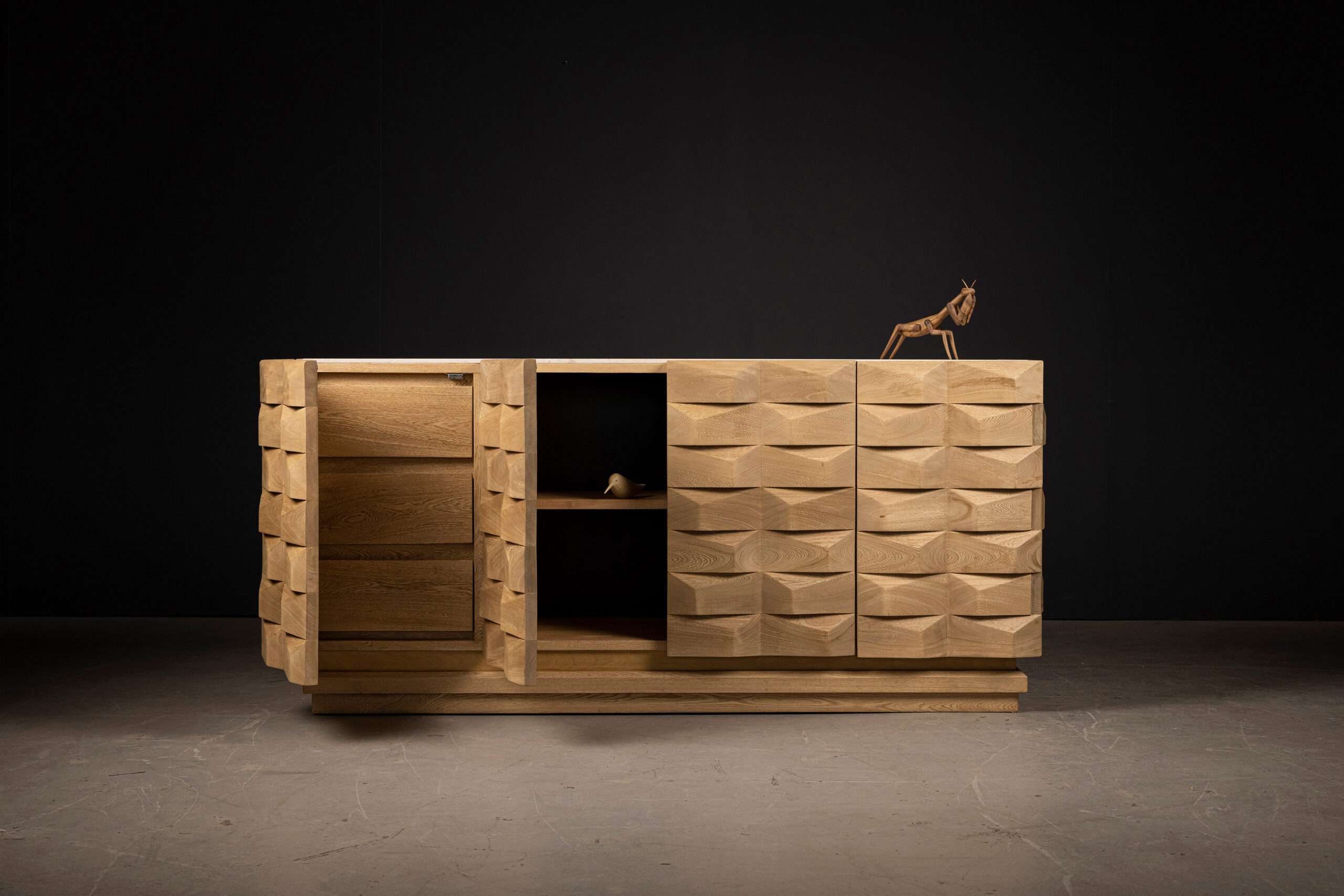 SENTIENT Escondido Credenza Front View With Open Doors SENTIENT Escondido Credenza Front View With Open Doors. High-quality image showcasing the design and details by SENTIENT Furniture.