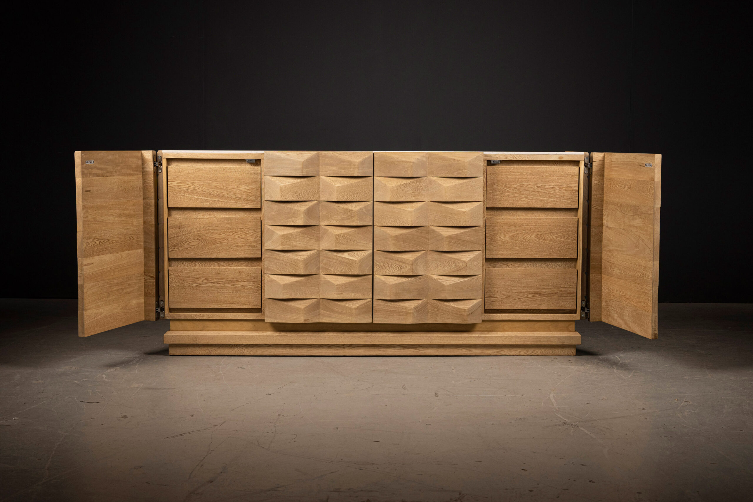 : SENTIENT Escondido Credenza in Parota Wood (Front View) SENTIENT Escondido Credenza in Parota Wood (Front View). High-quality image showcasing the design and details by SENTIENT Furniture.