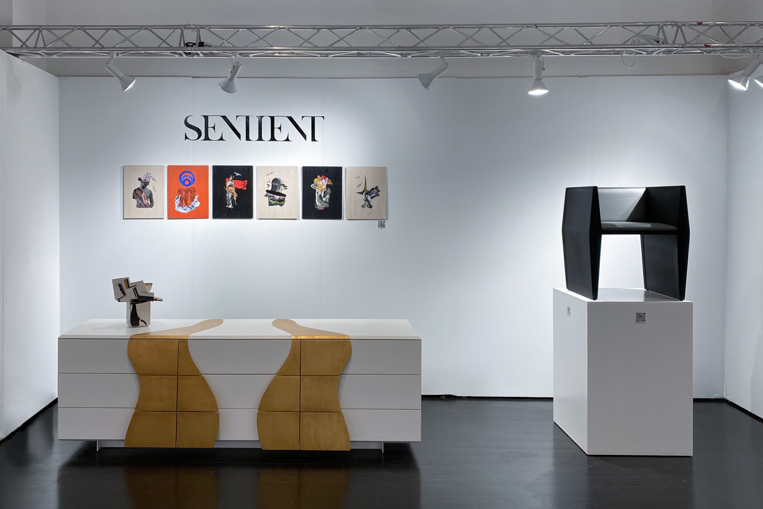 SENTIENT Melodious Console and Dresser with Sapience Chair - New York Art Fair The SENTIENT Melodious Console and Dresser with Sapience Chair displayed at a New York art fair, highlighting modern furniture design.